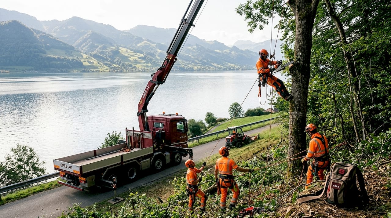 Ein Mitarbeiter arbeitet mit einem Kran-LKW an der Böschung des Zürichsees.