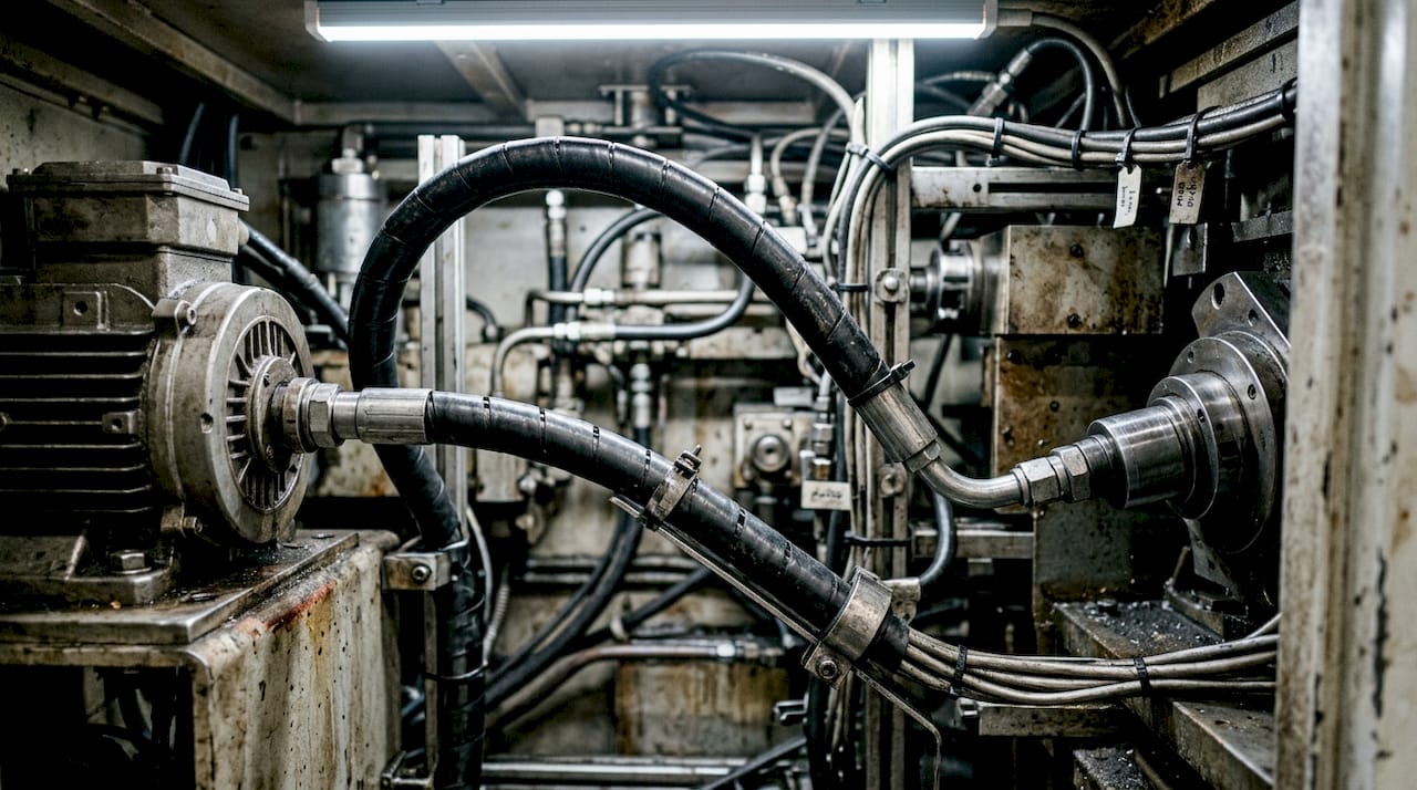 Ein flexibler Schaft wird durch enge Maschinenbereiche in der Fabrik geführt.