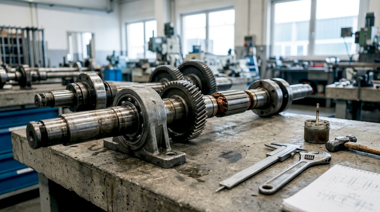 Rotary power transmission shaft assembly on workbench