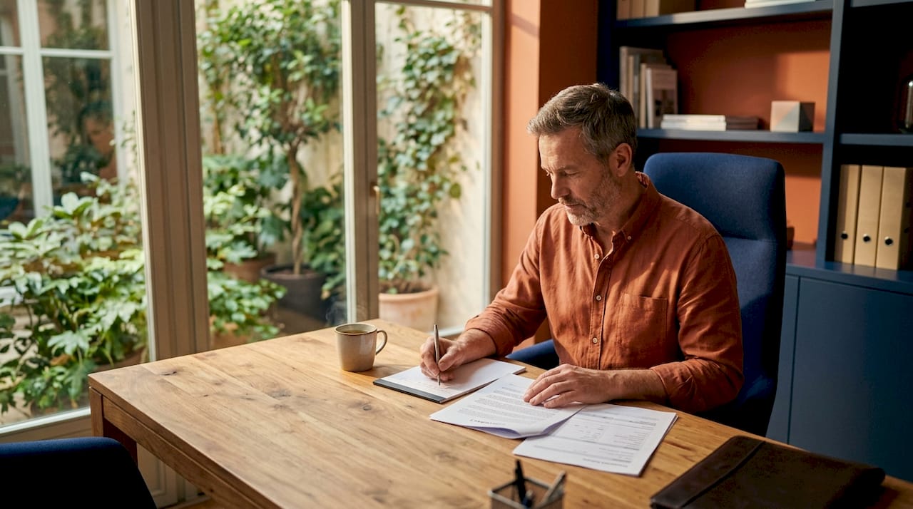 Ein Immobilienmanager nimmt digitale Vertragsdokumente genau unter die Lupe.