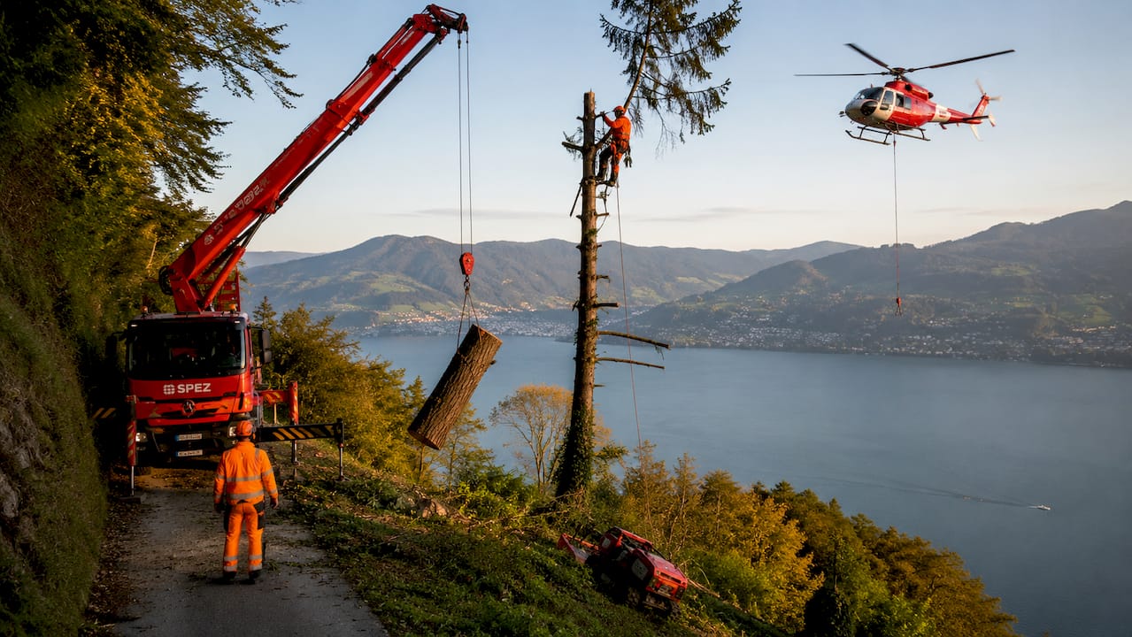 Fachgerechte Baumfällarbeiten mit modernem Kran- und Helikoptereinsatz