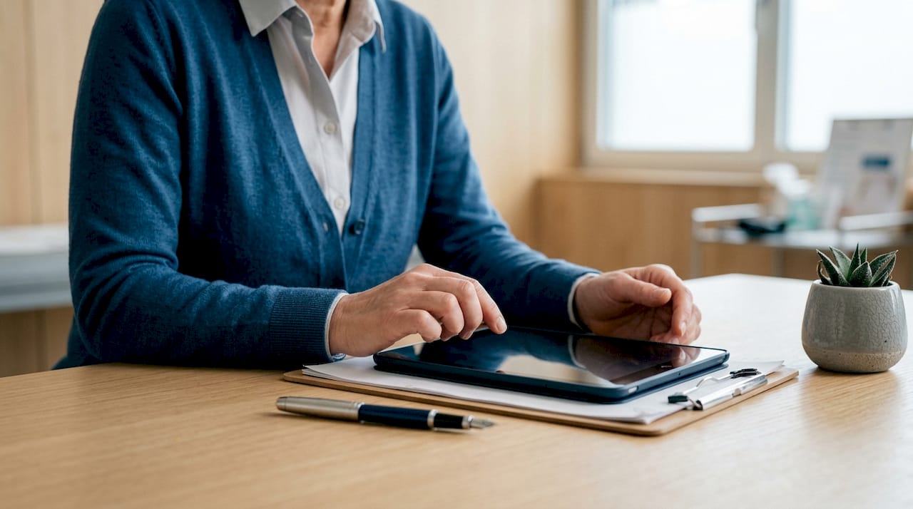 In einer lichtdurchfluteten Schweizer Arztpraxis arbeitet ein Arzt am Tablet.