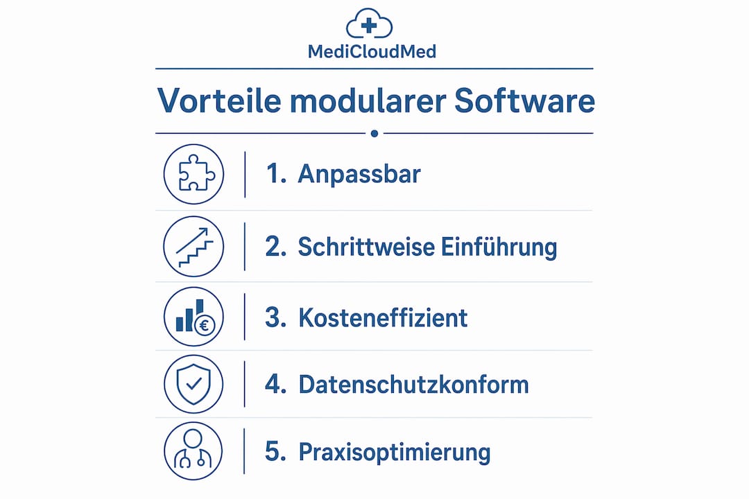 Infografik: Die wichtigsten Vorteile modularer Arztsoftware für Praxen in der Schweiz auf einen Blick