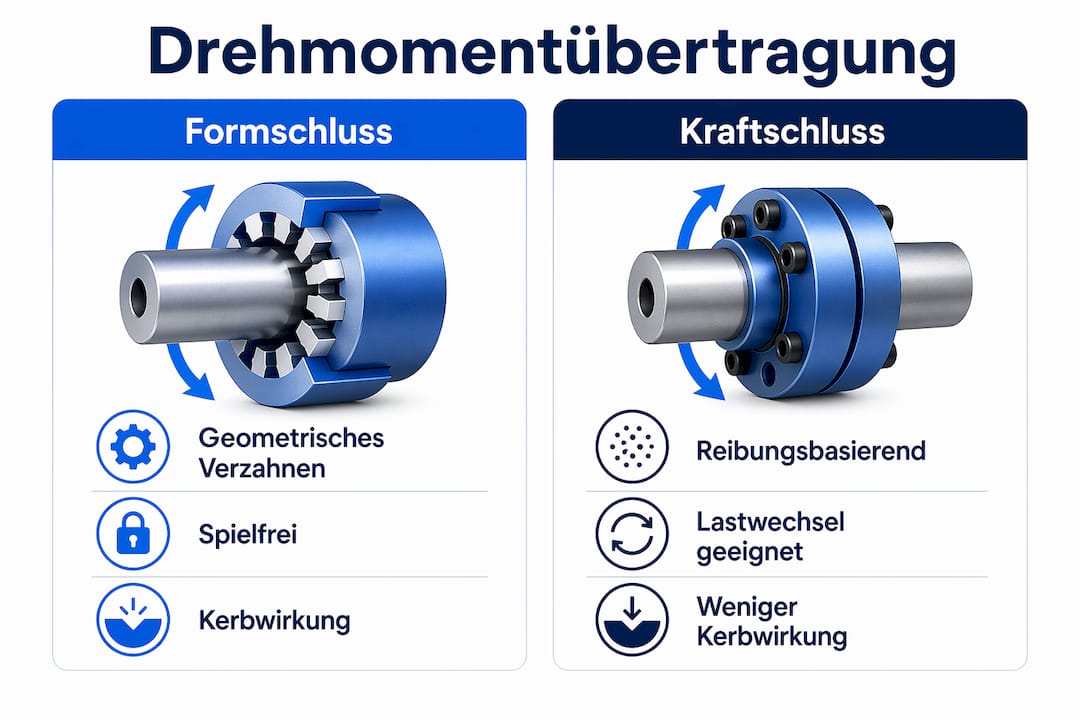 Infografik: Formschlüssige vs. kraftschlüssige Drehmomentübertragung im Vergleich