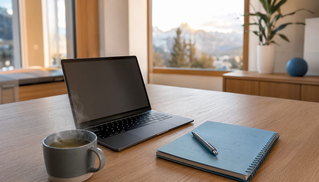 Arbeitsplatz in der Praxis mit Laptop und Notizblock