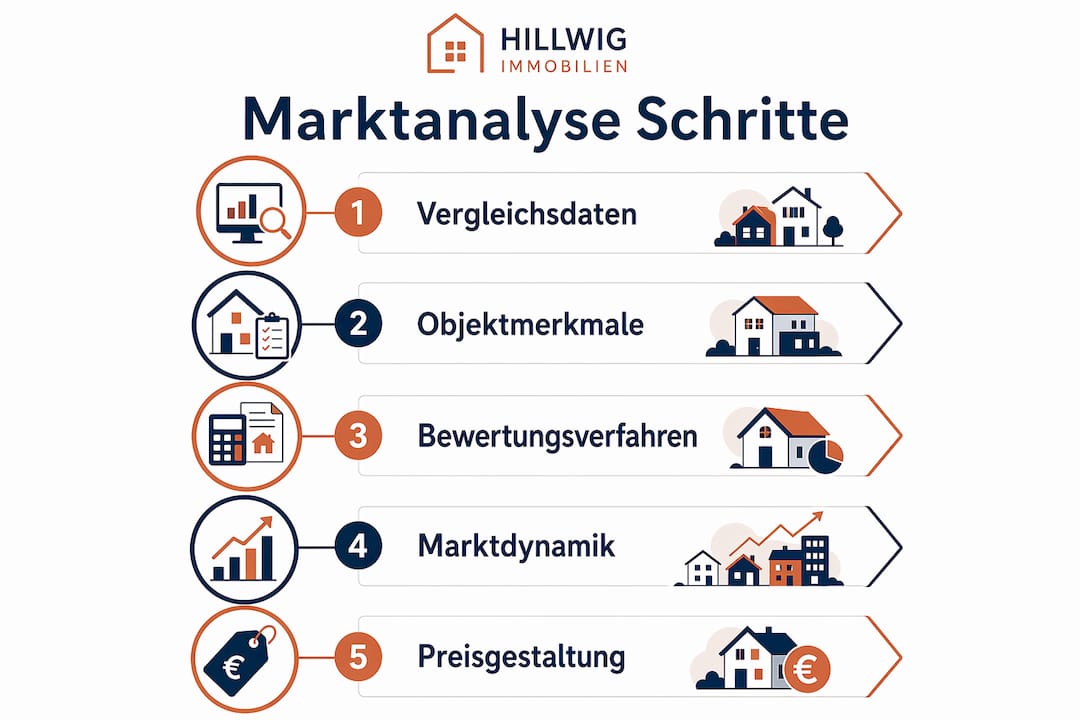 Die Infografik veranschaulicht die fünf wichtigsten Schritte einer Marktanalyse, die vor dem Verkauf einer Immobilie zu beachten sind.