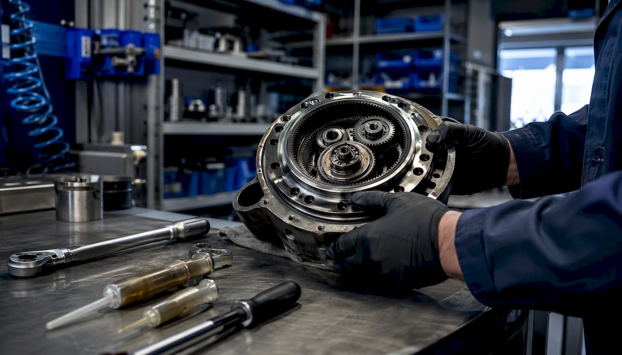 Engineer inspecting planetary gear reducer assembly