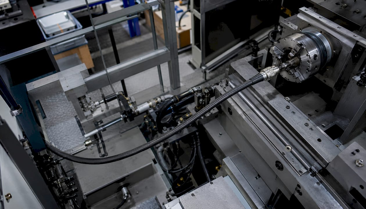 In der Maschine ist eine flexible Welle fest verbaut, um Bewegungen oder Kräfte effizient zu übertragen.