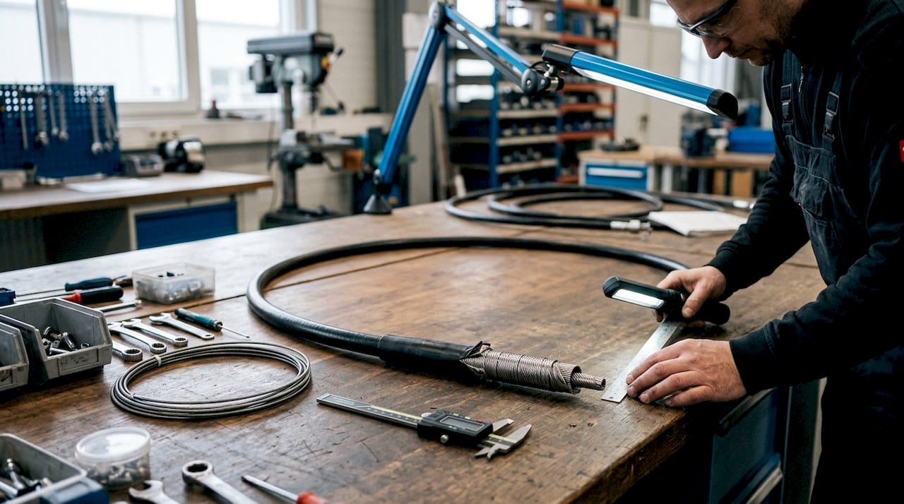Eine Nahaufnahme zeigt den Aufbau und die verwendeten Materialien einer flexiblen Welle.