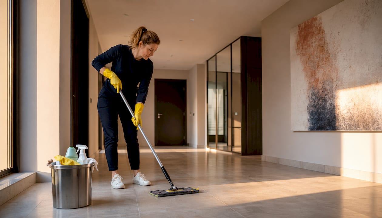 Die Hausmeisterin sorgt für Sauberkeit im Treppenhaus des Mietshauses.