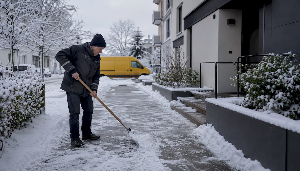 Der Hausmeister räumt morgens den Gehweg vor dem Wohnhaus vom Schnee frei.