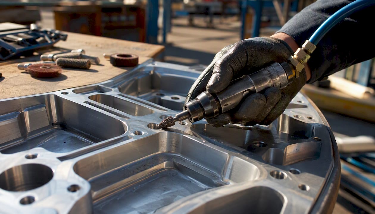 Technician using die grinder for deburring metal part