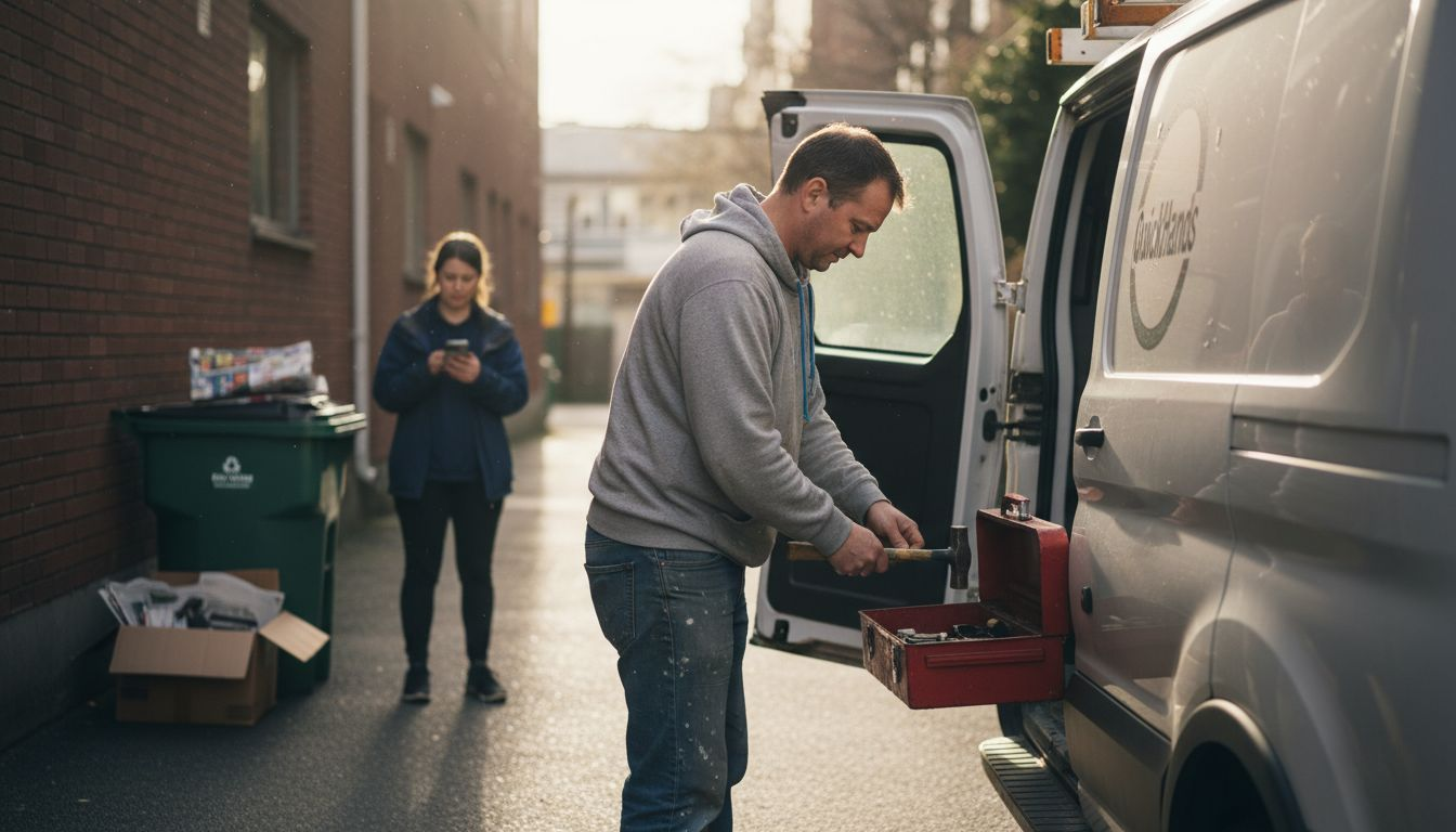 Tradesperson organizing tools for on-demand gig
