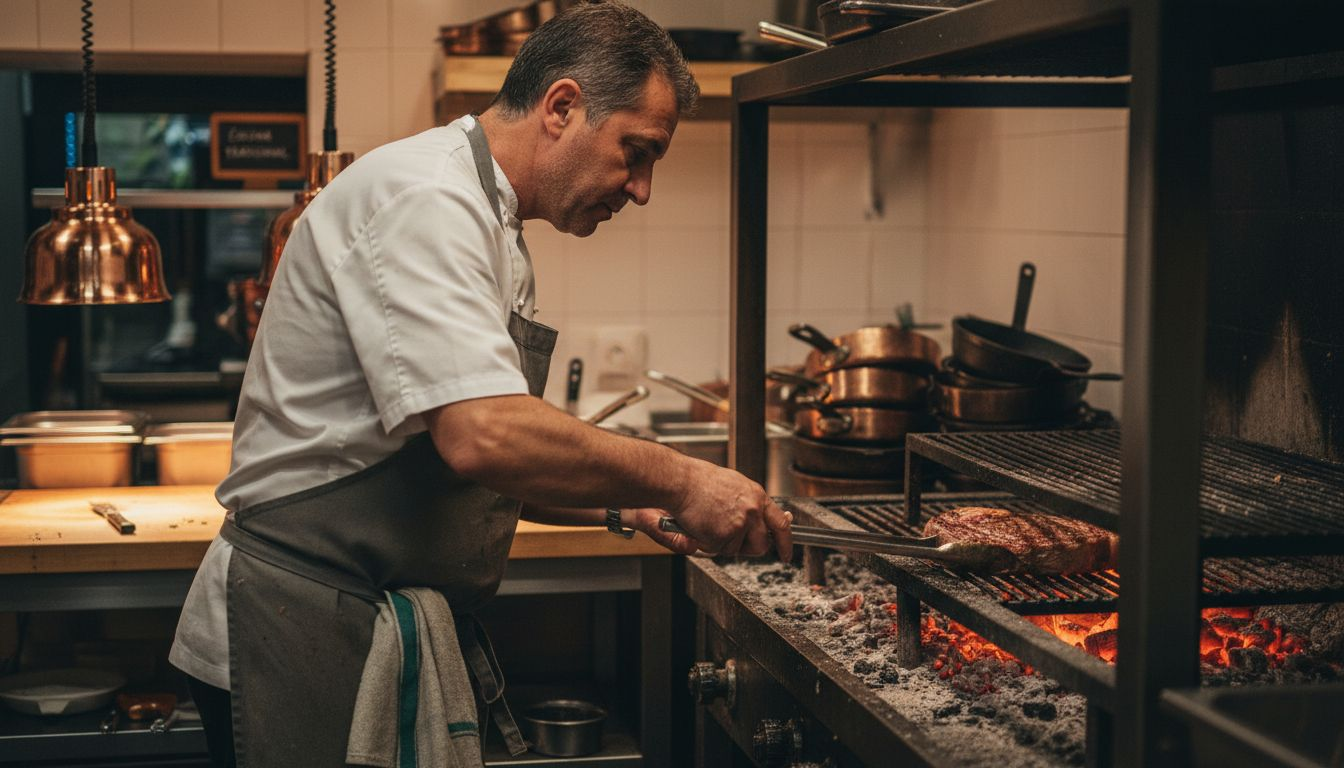 Un chef madrileño preparando carne a la parrilla sobre las brasas.