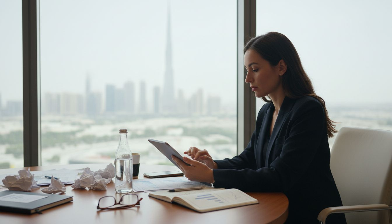 Agent reviewing listings and paperwork in Dubai suite