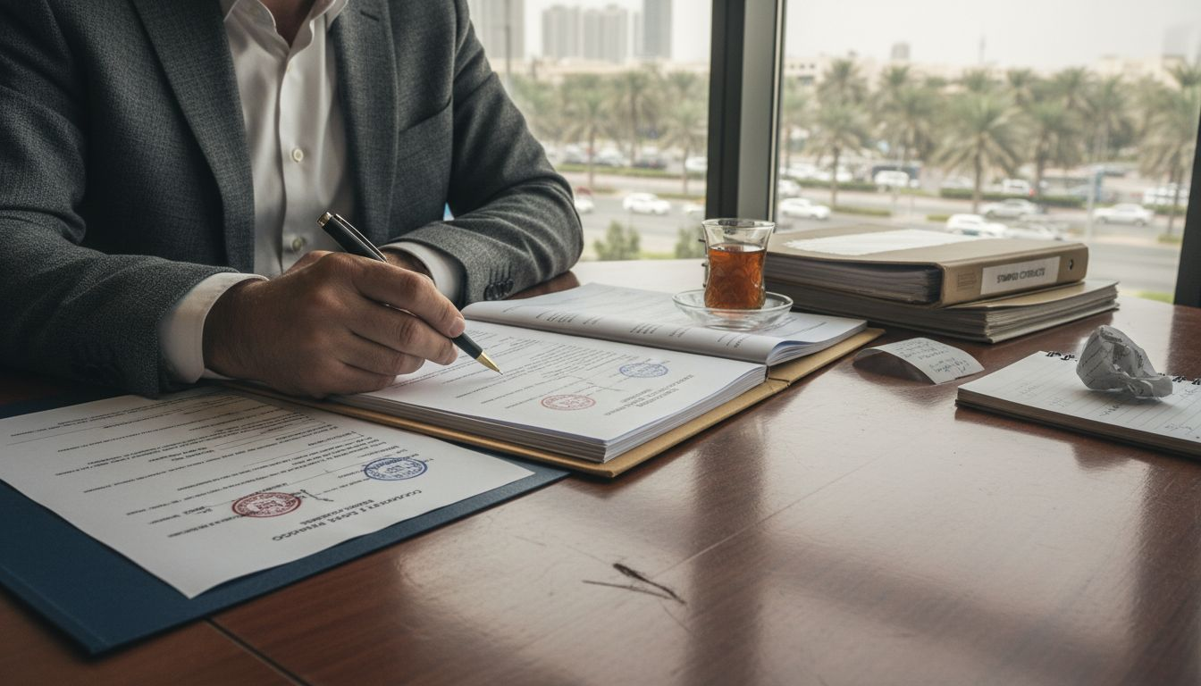 Legal advisor reviewing Dubai property documents Legal advisor reviewing Dubai property documents