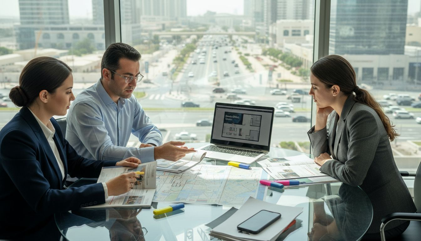 Clients reviewing Dubai property brochures in office
