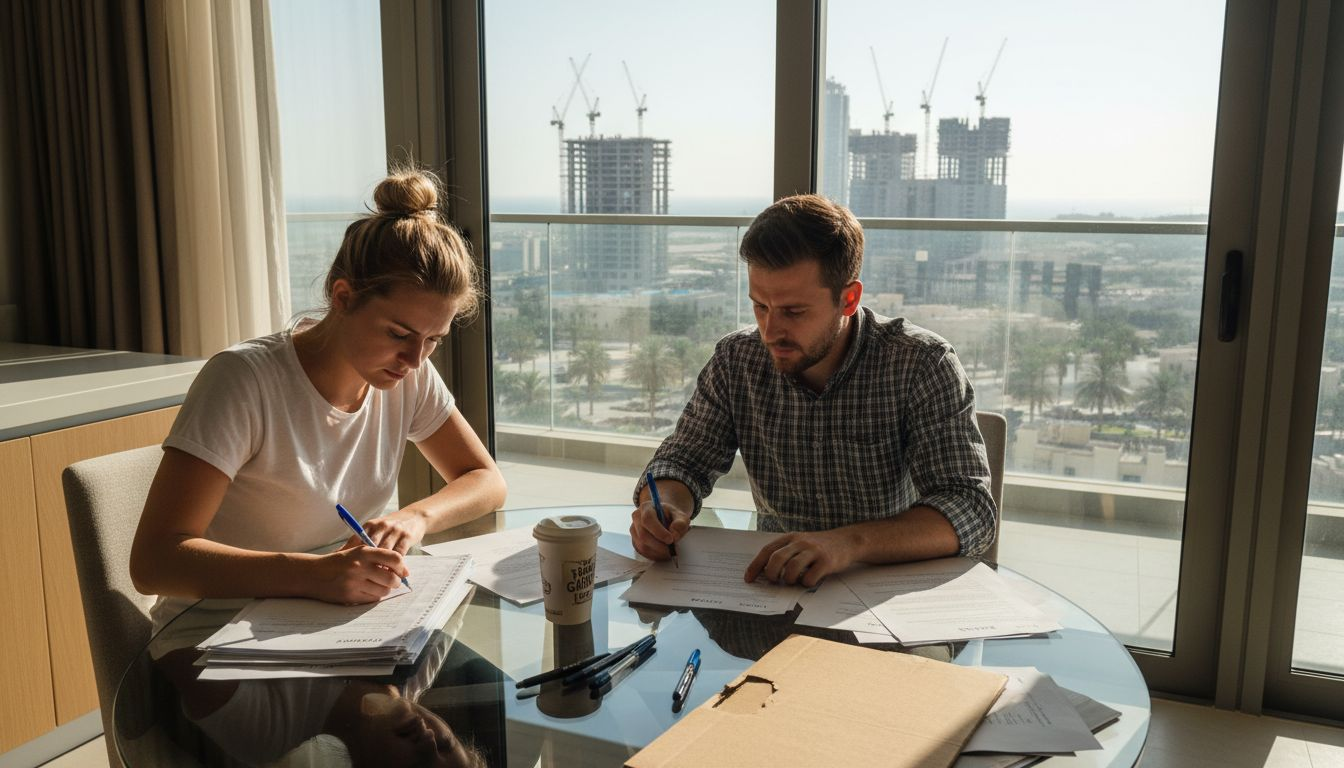 Expat couple reviewing Dubai property contracts