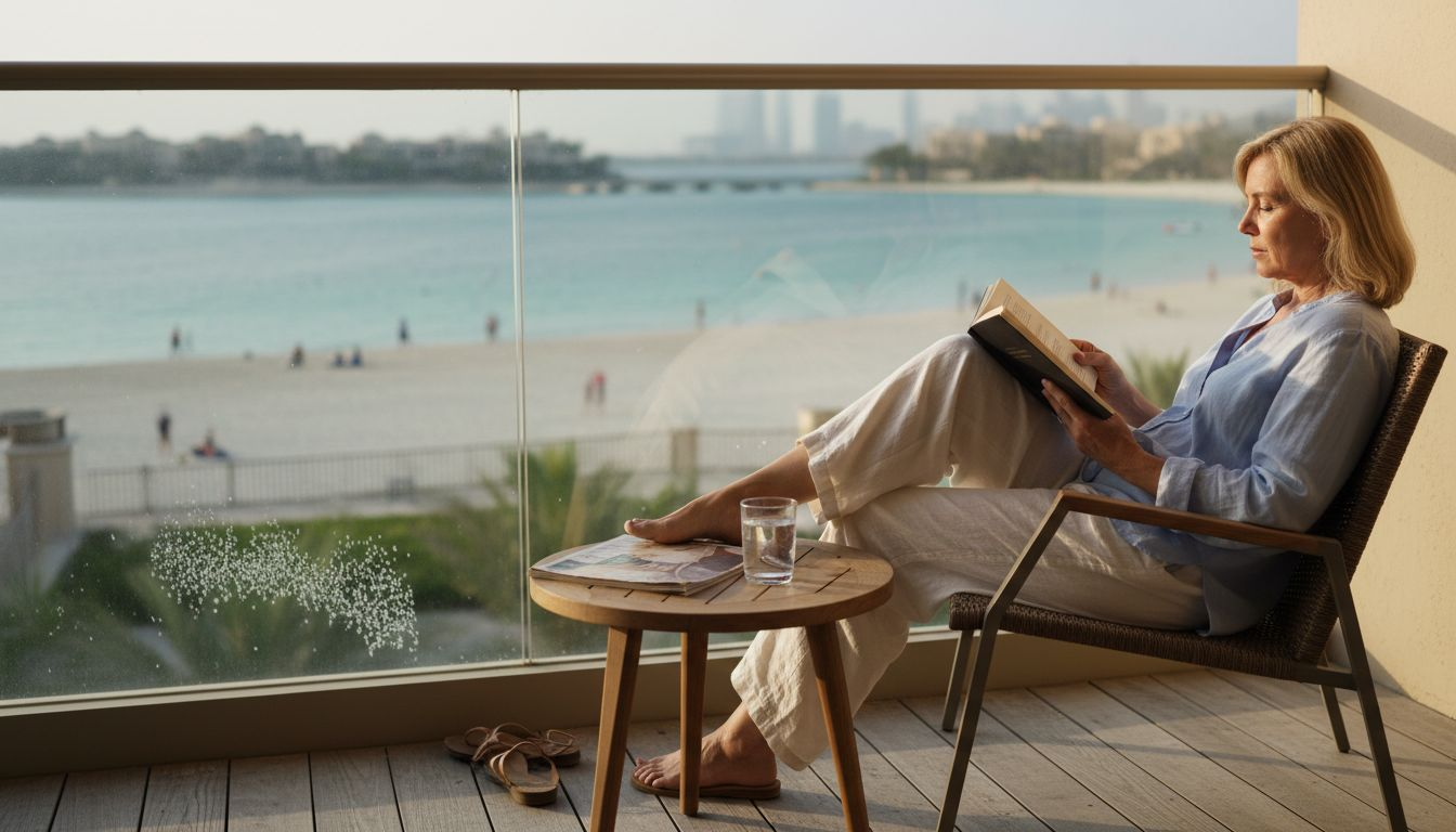 Woman reading on Palm Jumeirah villa balcony