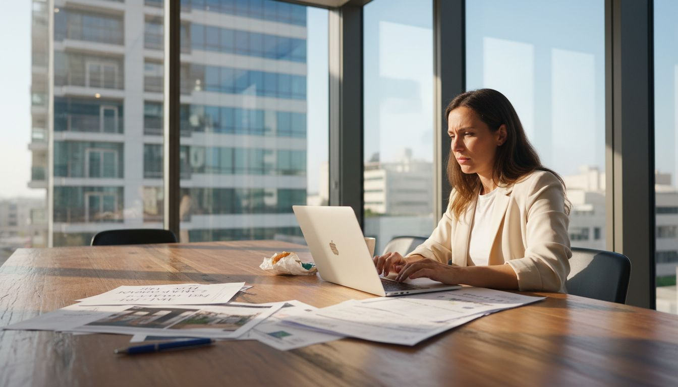 Researching Dubai property at shared office table