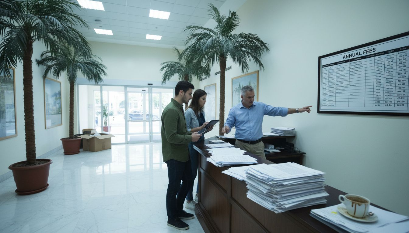 Residents discuss property costs in apartment lobby