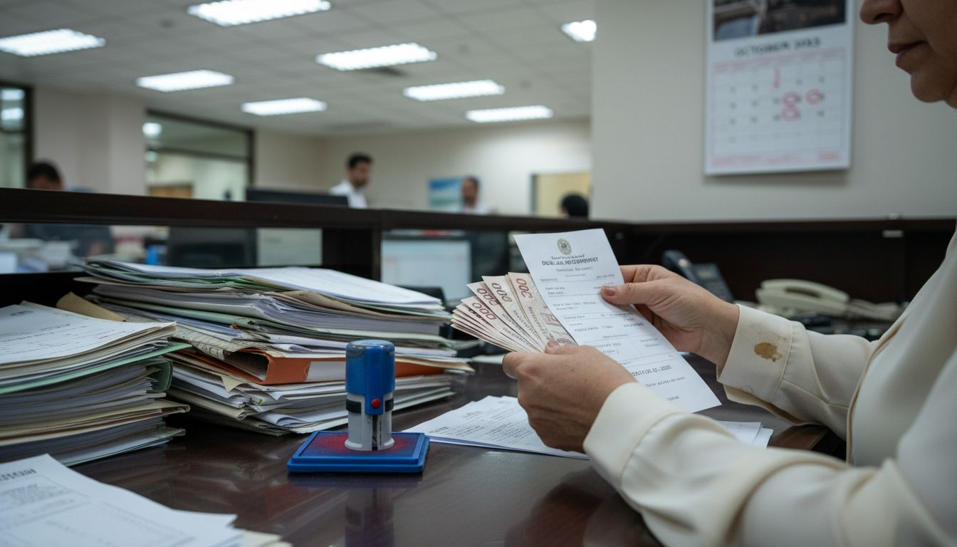 Woman paying Dubai property transfer fee