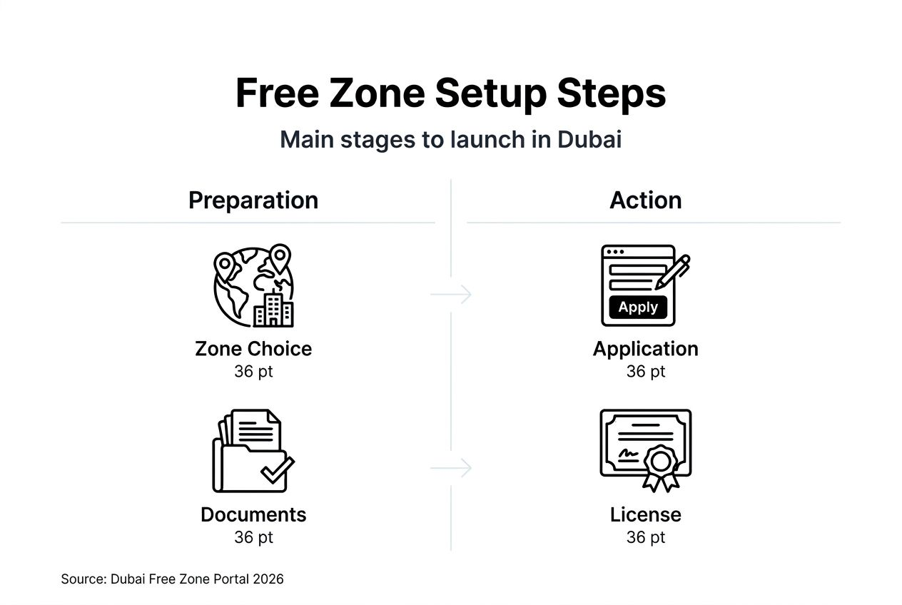Infographic summarizing Dubai free zone setup steps