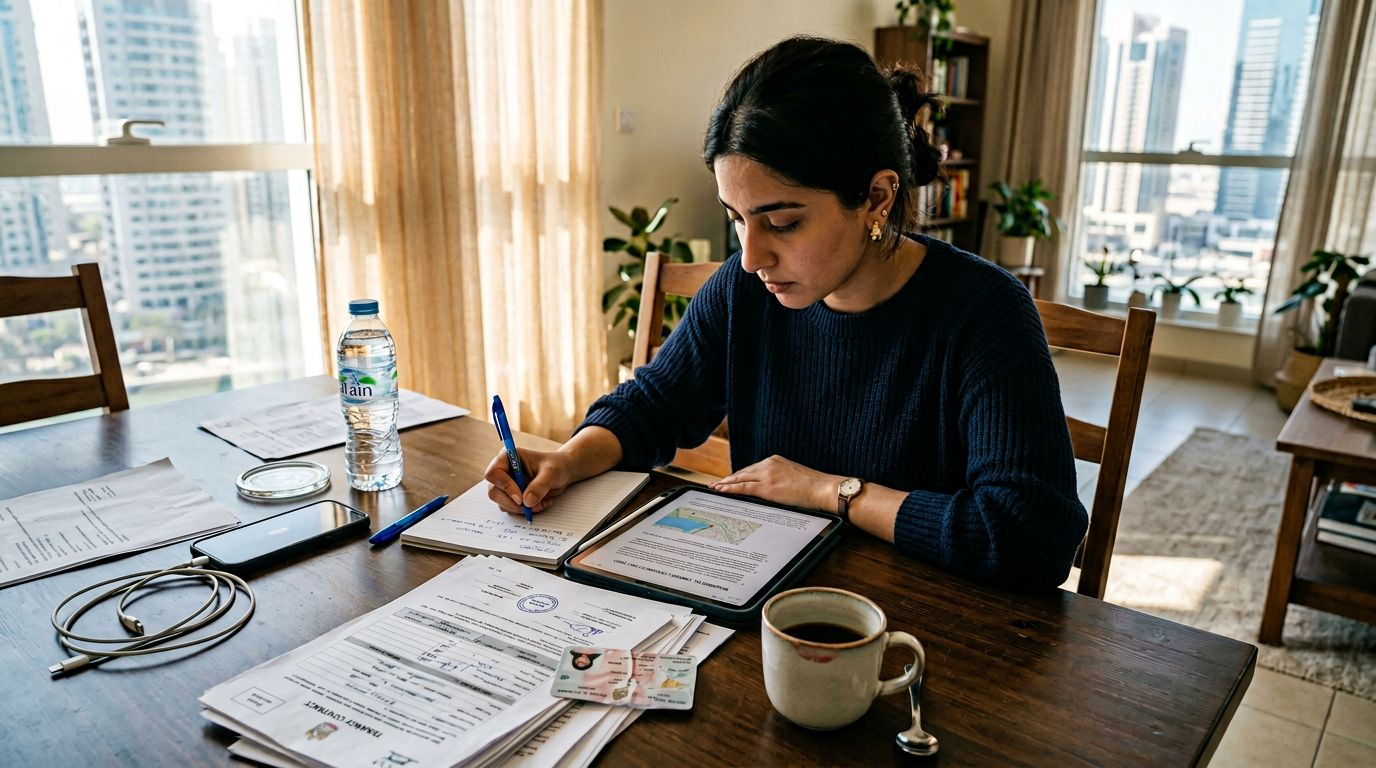 Person completing Ejari paperwork at home table