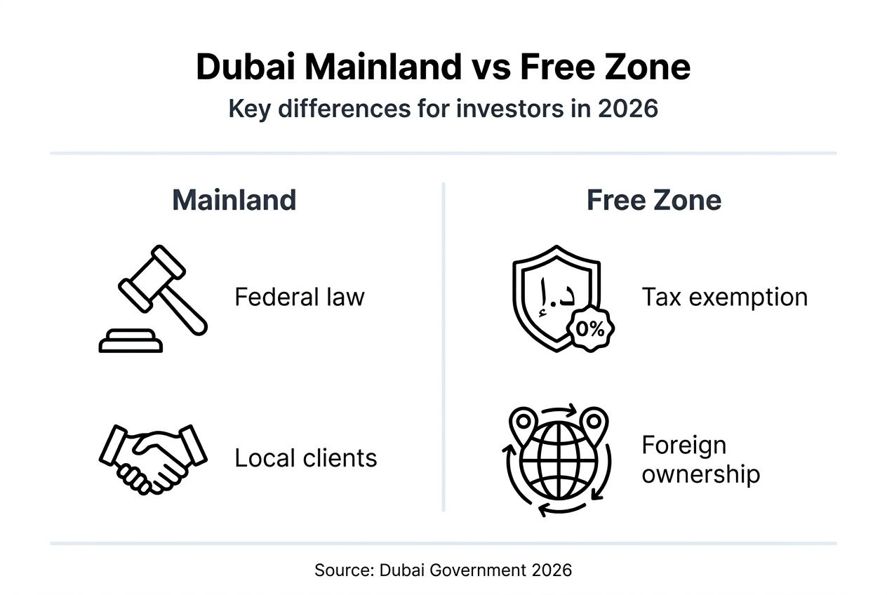 Infographic comparing Dubai mainland and free zone