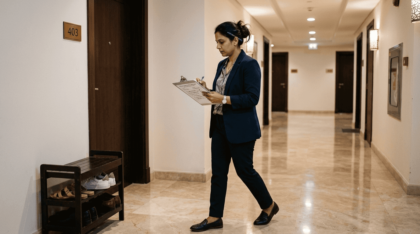 Property manager inspects Dubai building hallway