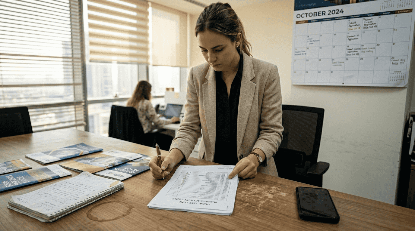 Woman reviewing Dubai business activity options