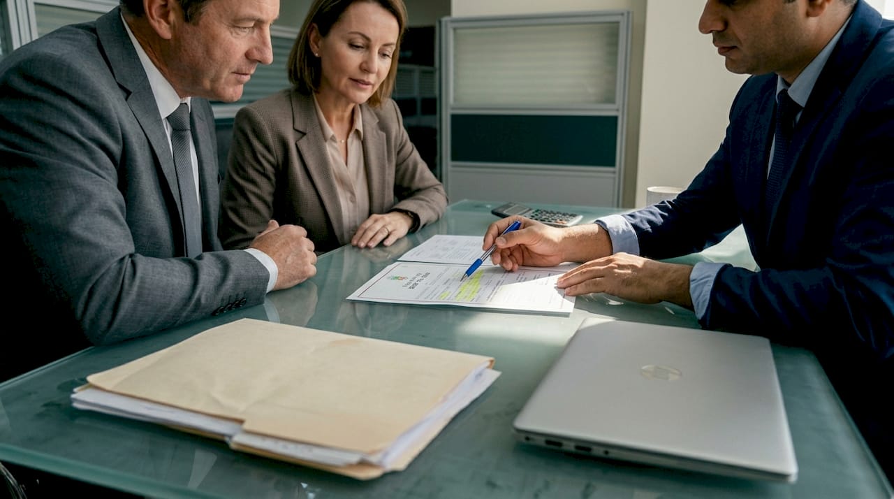 Trustee explains title deed to real estate buyers