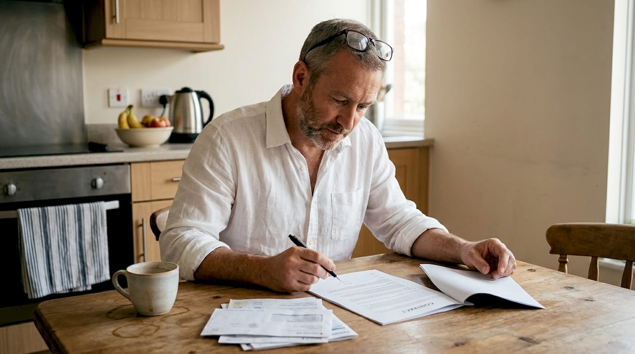 Expatriate reviewing rental contract in apartment