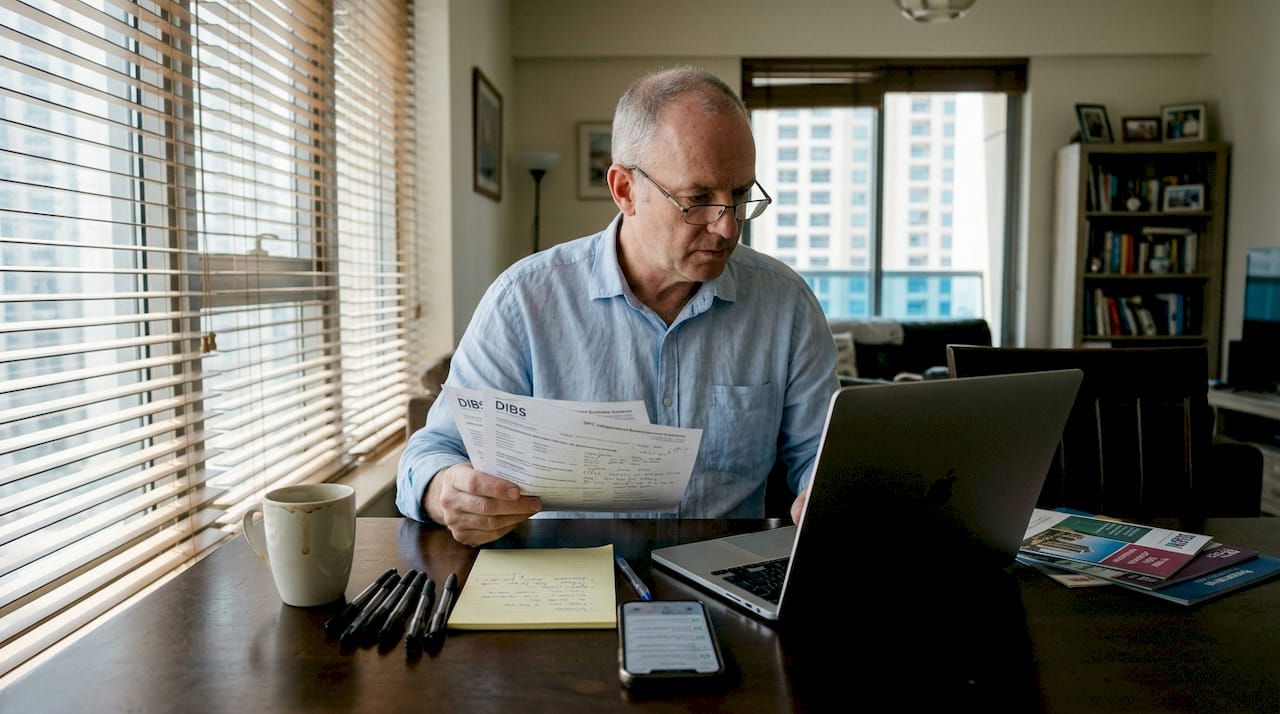 Investor comparing DIBS paperwork at home office