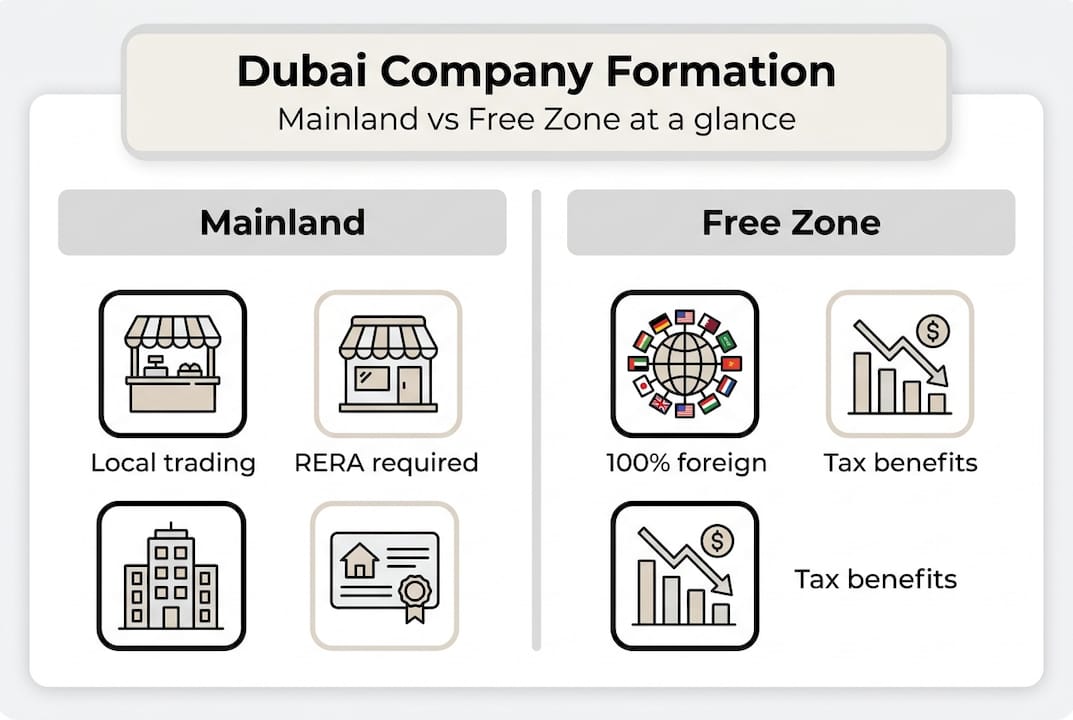 Infographic comparing mainland and free zone setup