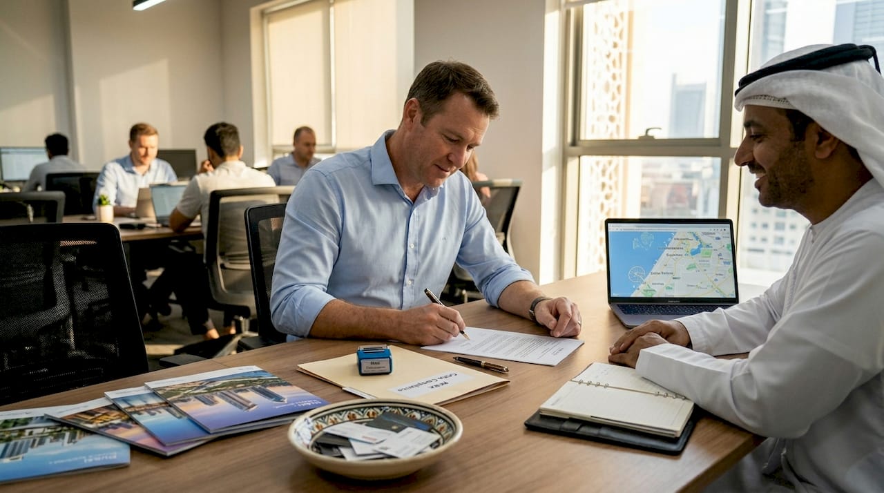 Real estate partners signing documents in workspace