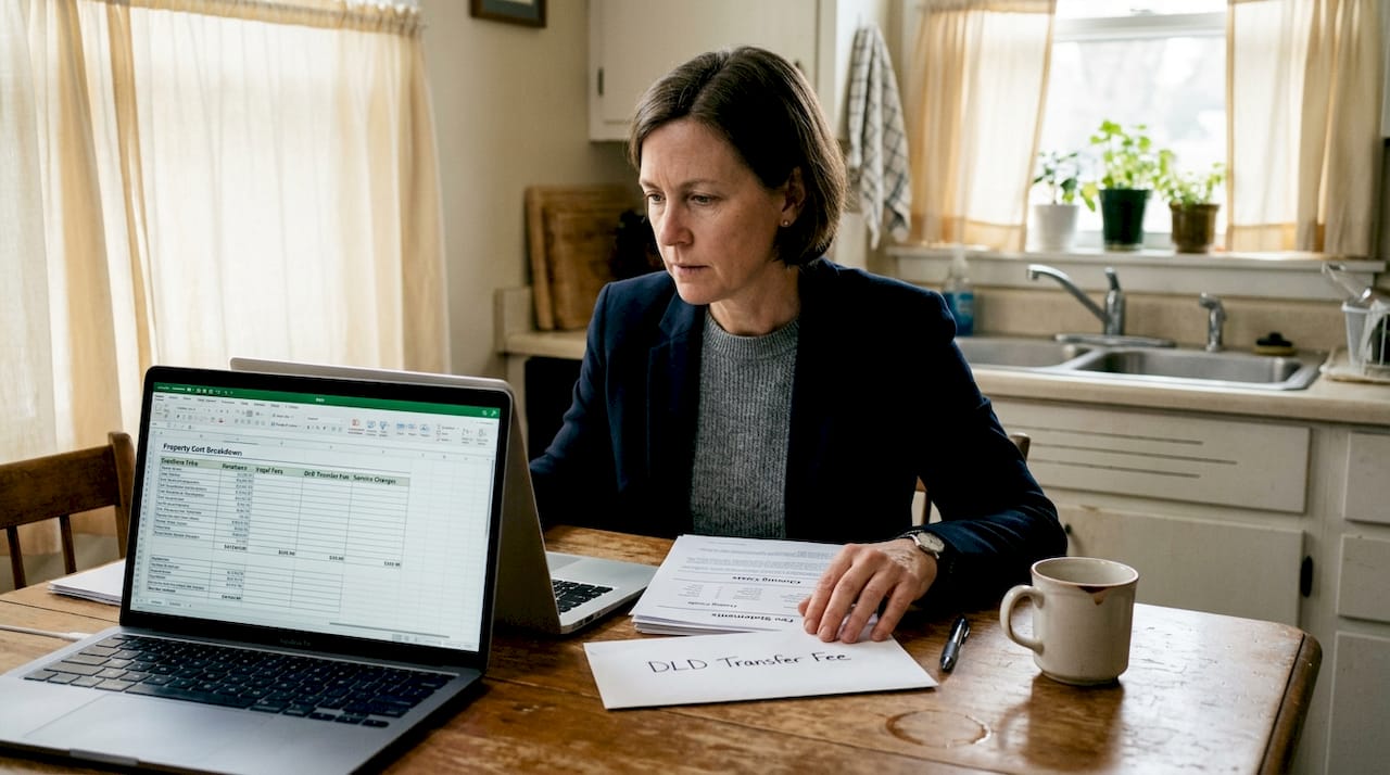 Woman comparing Dubai property fee paperwork