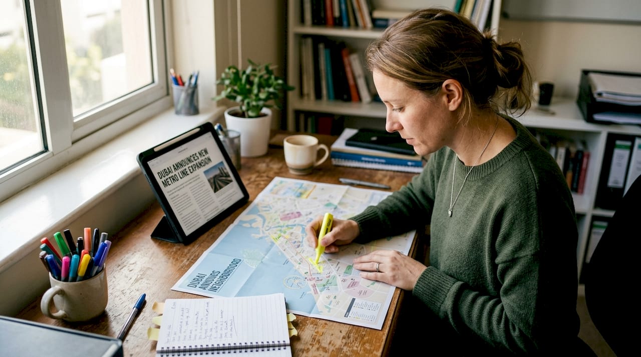 Market researcher reviewing Dubai neighborhood map