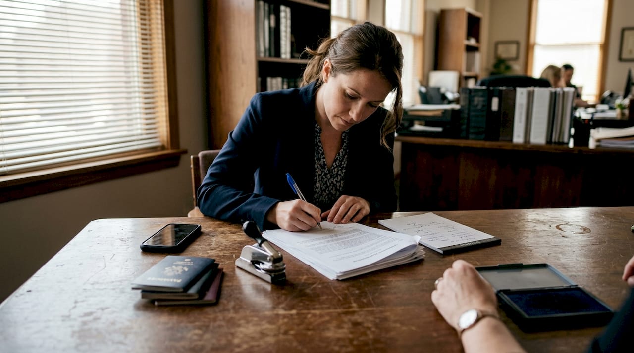 Client signing property paperwork with notary