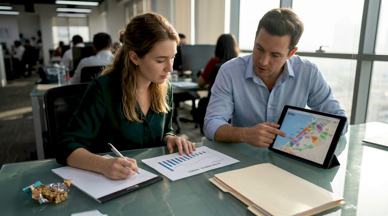 Analysts discussing Dubai rental trends in office