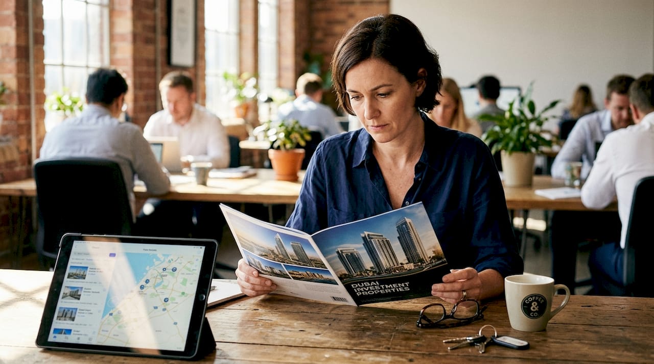 Investor reviewing Dubai real estate brochure