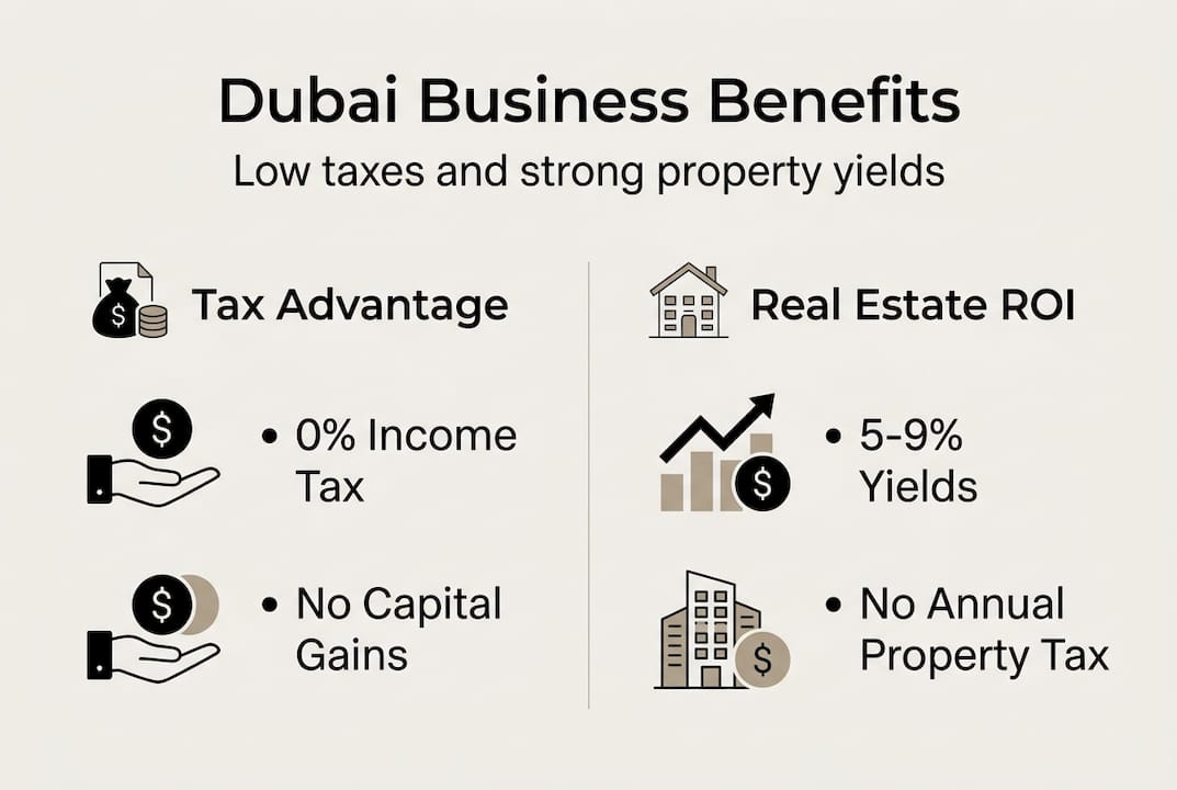 Infographic showing Dubai’s tax breaks and property yields