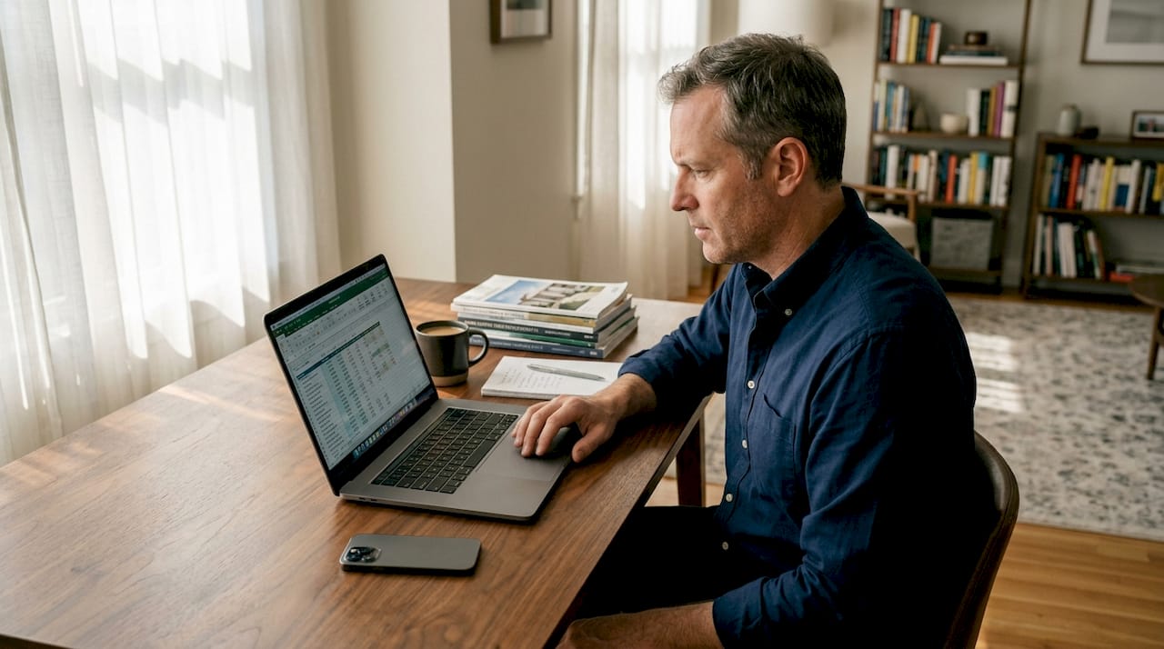 Investor analyzing data in home office setting