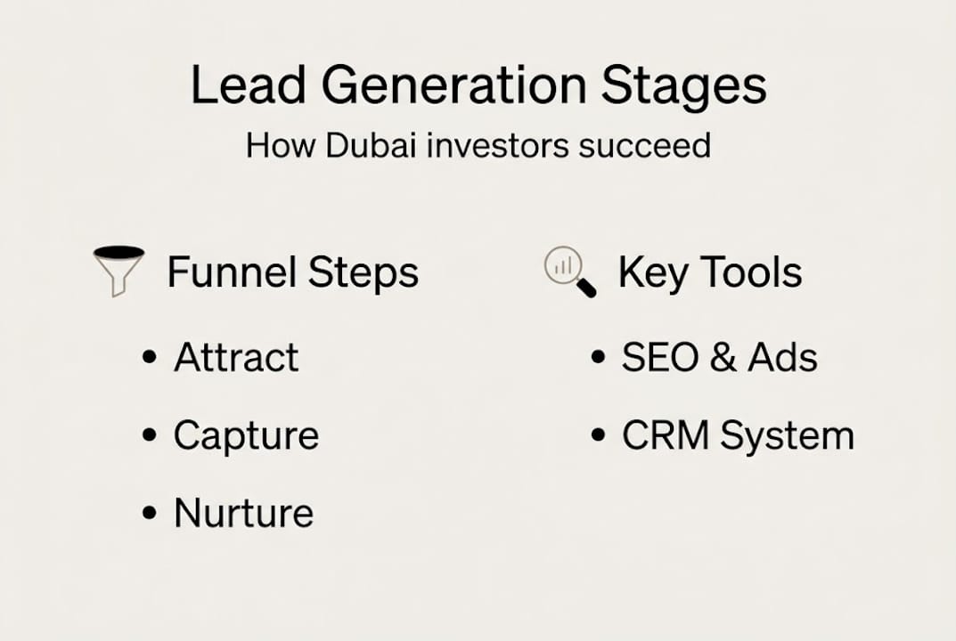 Infographic showing Dubai real estate lead generation steps and tools
