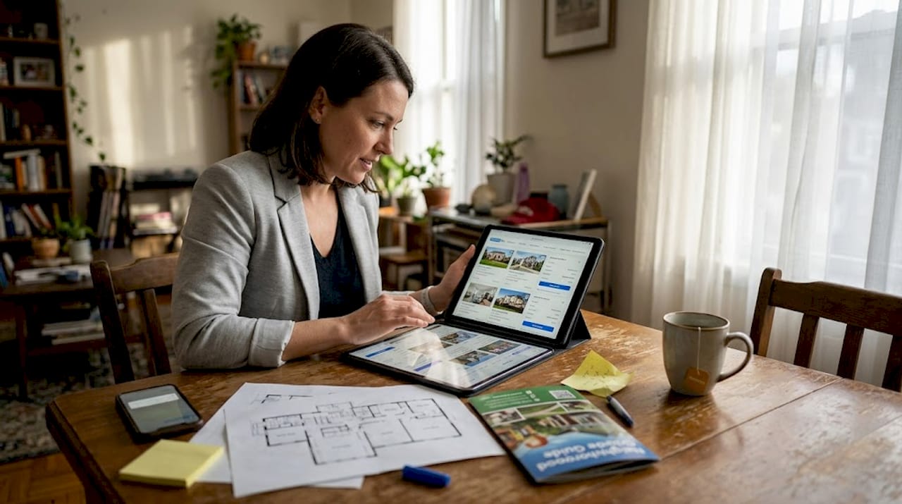 Woman researching Dubai property listings at home