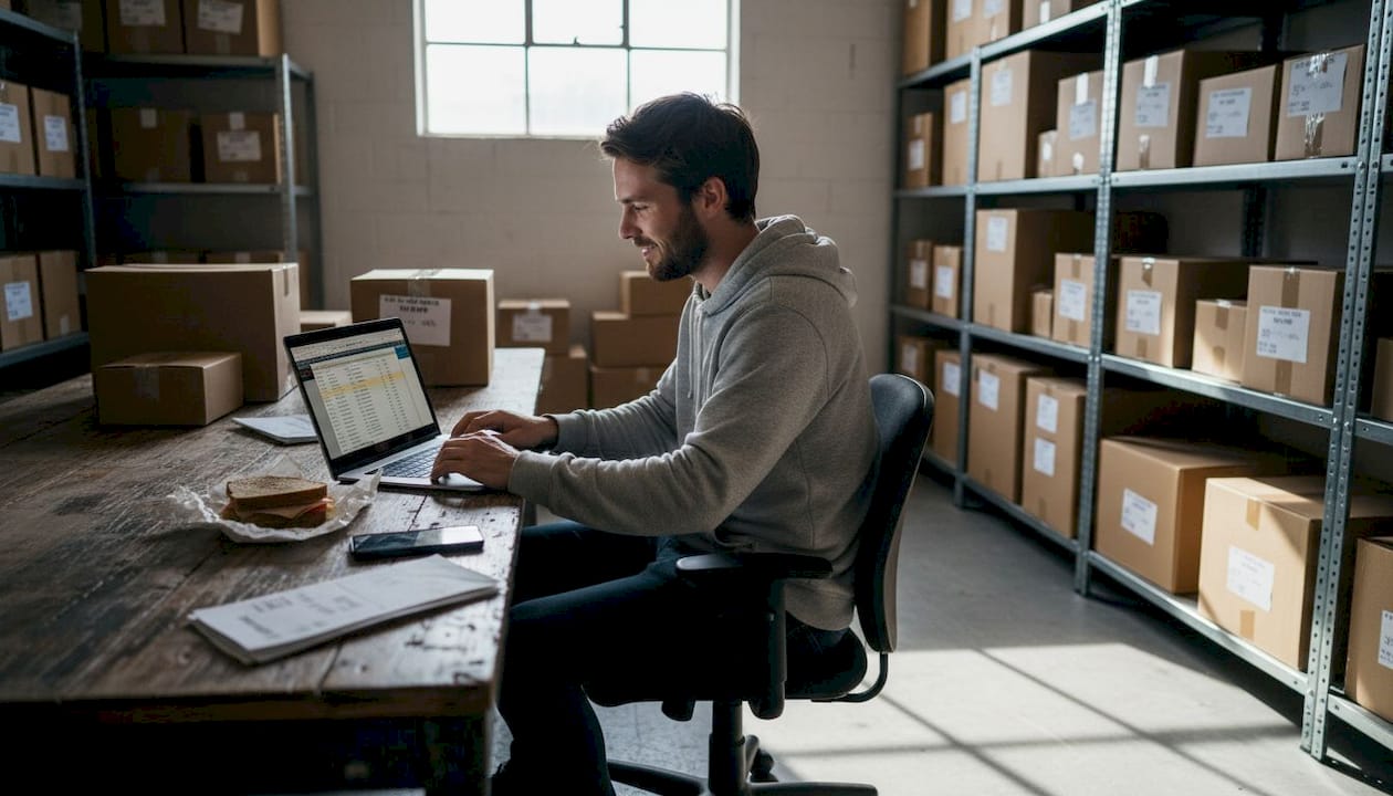 Startup owner reviews orders in small warehouse