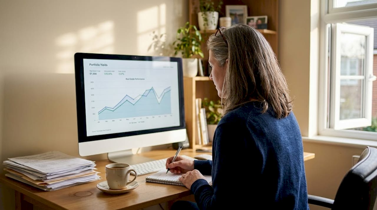 Woman tracking property portfolio yields at home