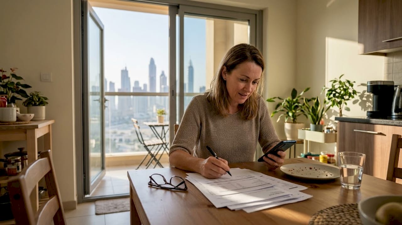 Woman reviewing property sale finances at home