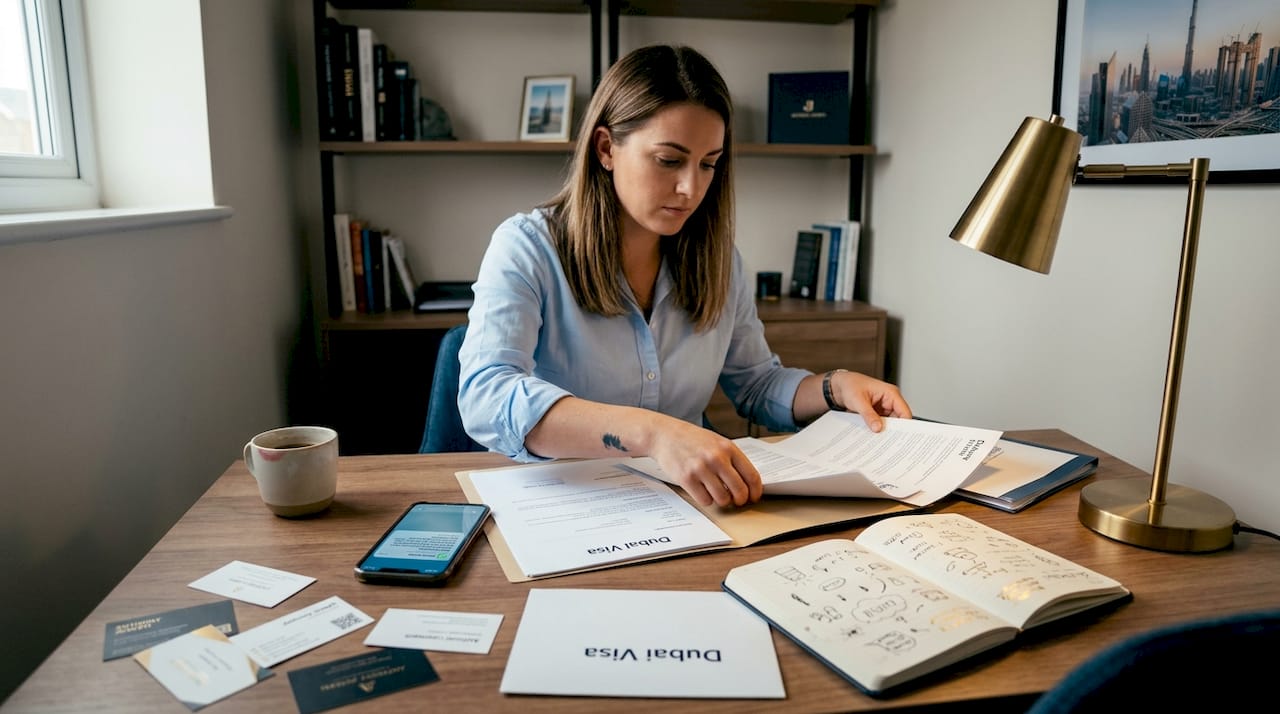 Entrepreneur organizing Dubai visa documents