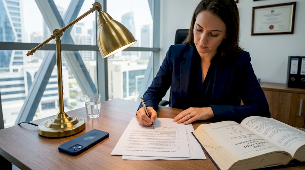 Lawyer reviews inheritance documents at desk